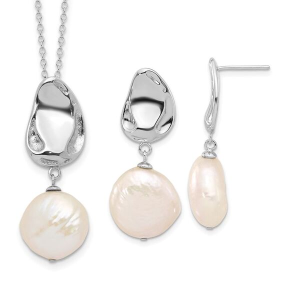 Kazi Luxury Silver RH-plated 13-14mm FWC Pearl 17in Necklace/Earring Set